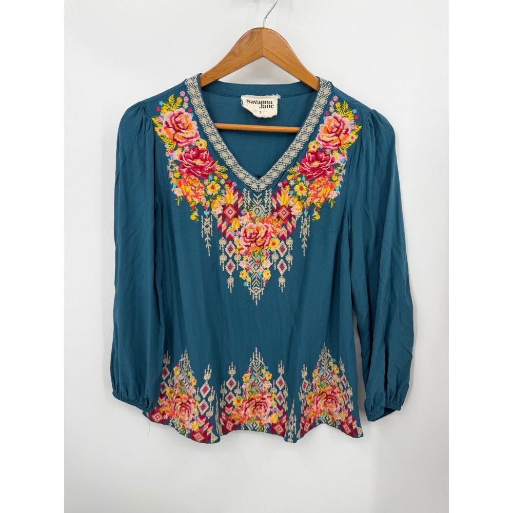 Savanna Jane Embroidered Blouse Womens S Teal Blue Floral V-Neck Long Sleeve